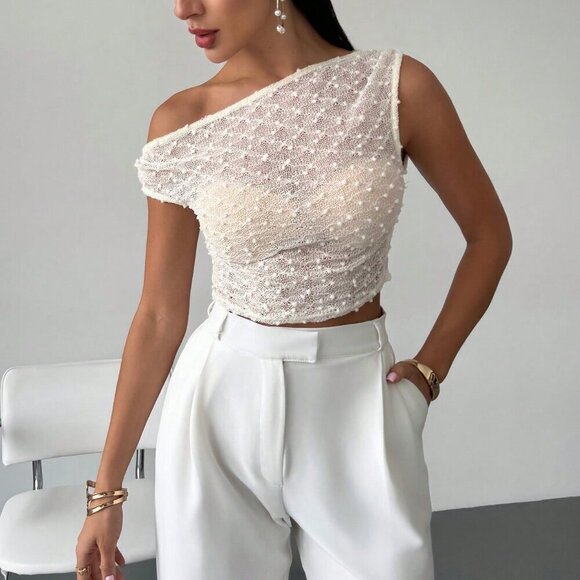 Apricot Casual Women's Asymmetric Neck Textured Knit Gathered Bodycon T-Shirt - Picture 4 of 7